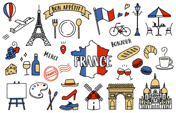 Simple and cute illustration set related to France (tricolor)
